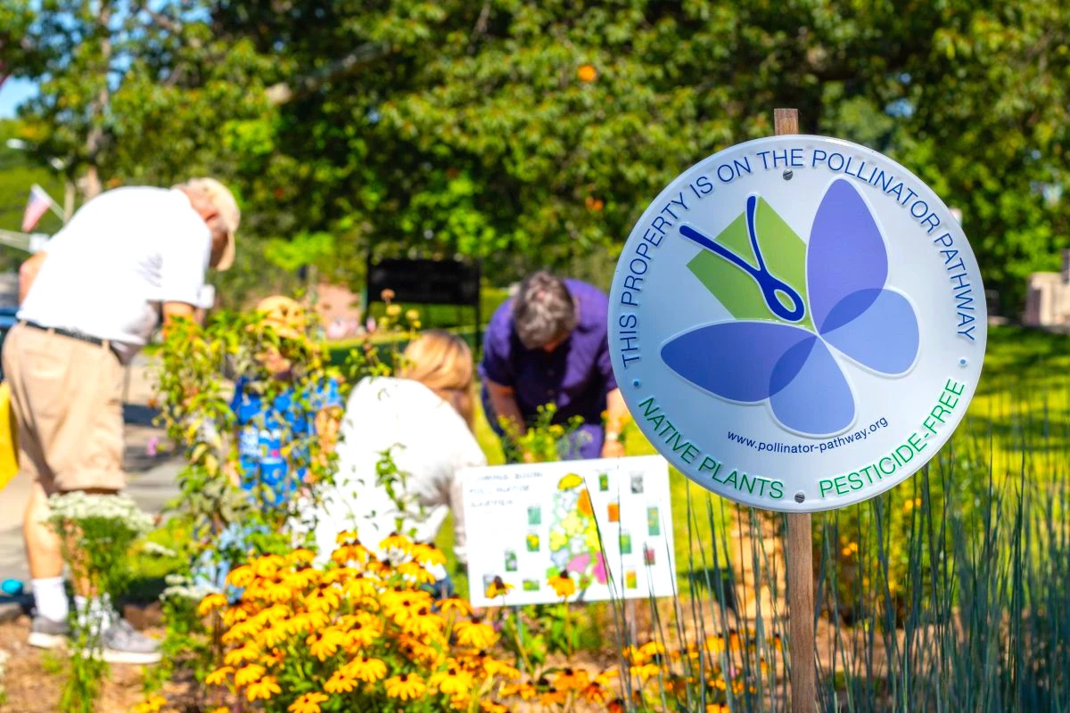 In the foreground, a sign reads "This property is on the Pollinator Pathway. Native Plants, pesticide-free." In the background, people work on plants in a garden.