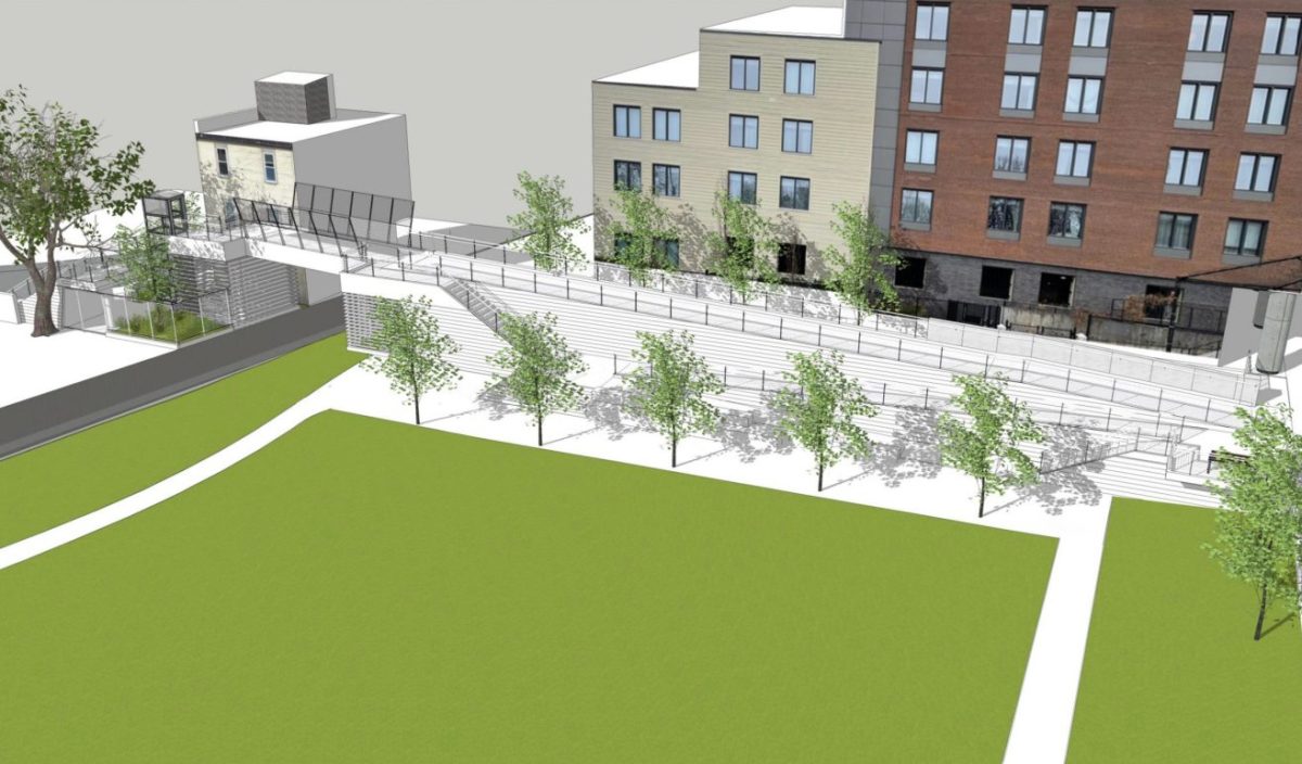 A rendering of the proposed Davis Path Footbridge shows a small bridge over train tracks. A long ramp leads up to the right side of the bridge.